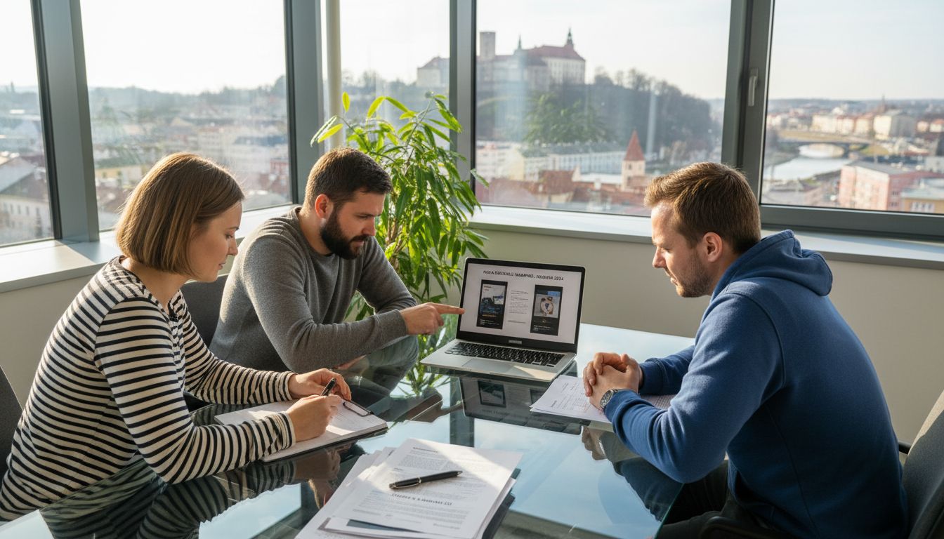 Porada týmu v rohové kanceláři s výhledem na město