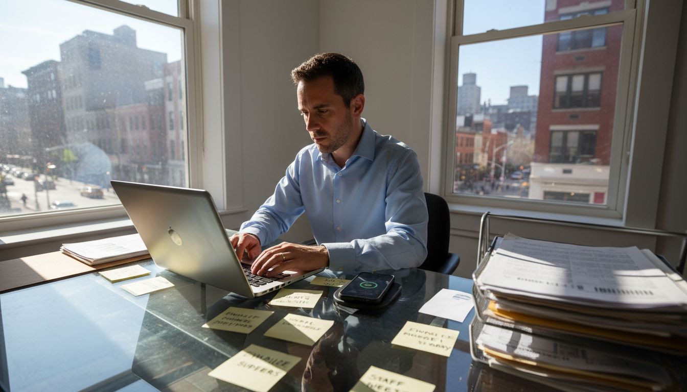 Business owner at desk in sunlit office workspace
