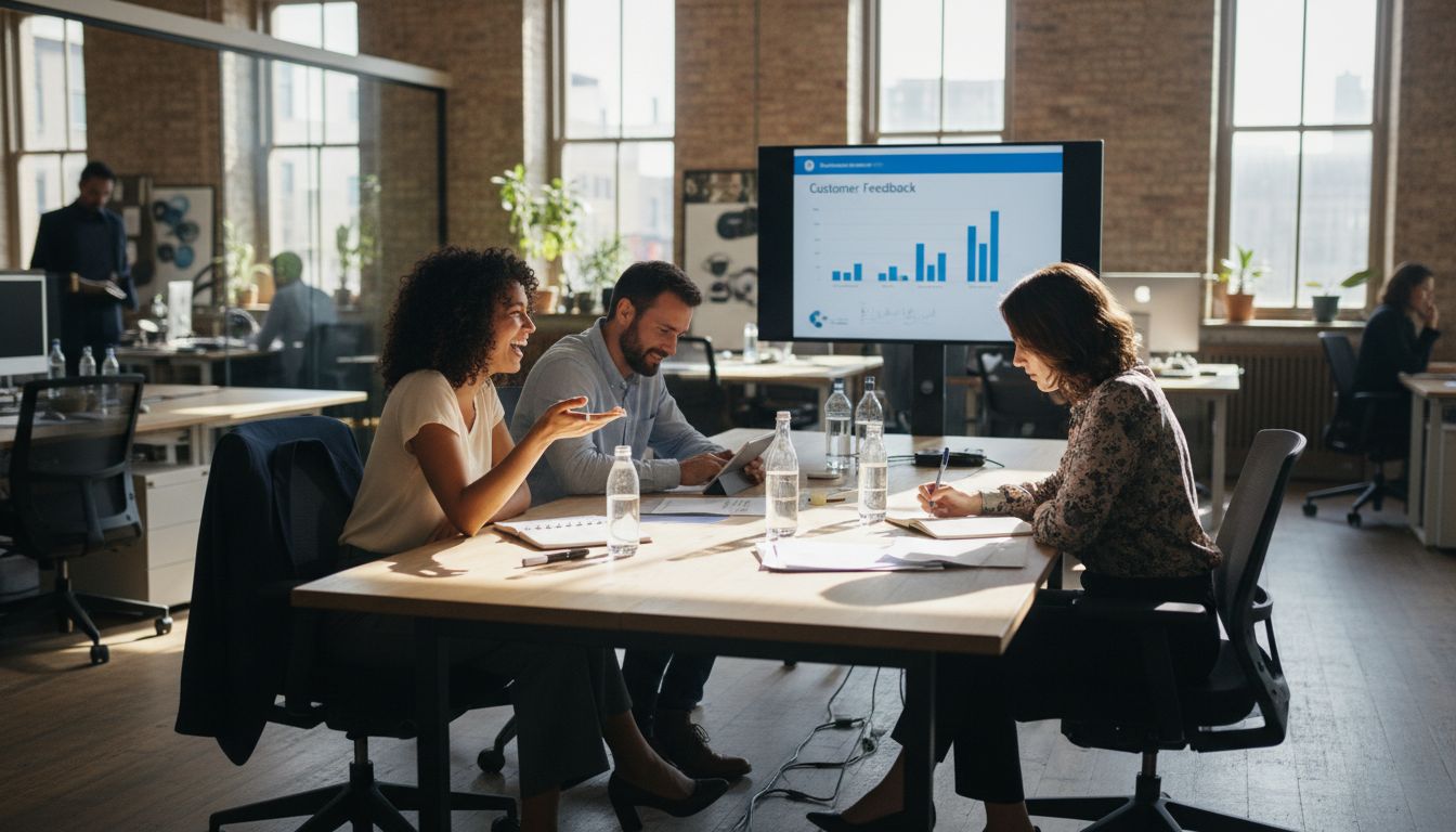 Team holding meeting in sunlit open workspace