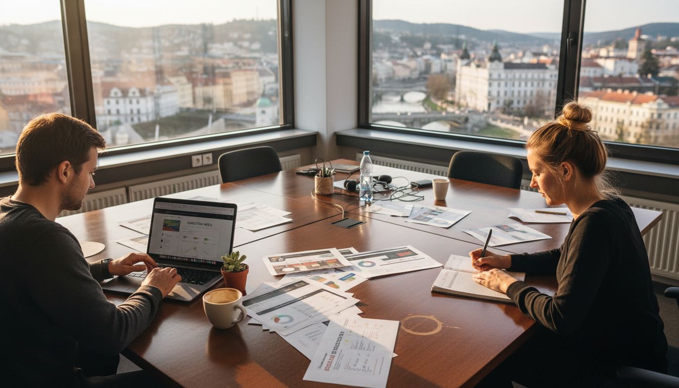 Tým SEO specialistů společně pracuje v moderní kanceláři v Praze.