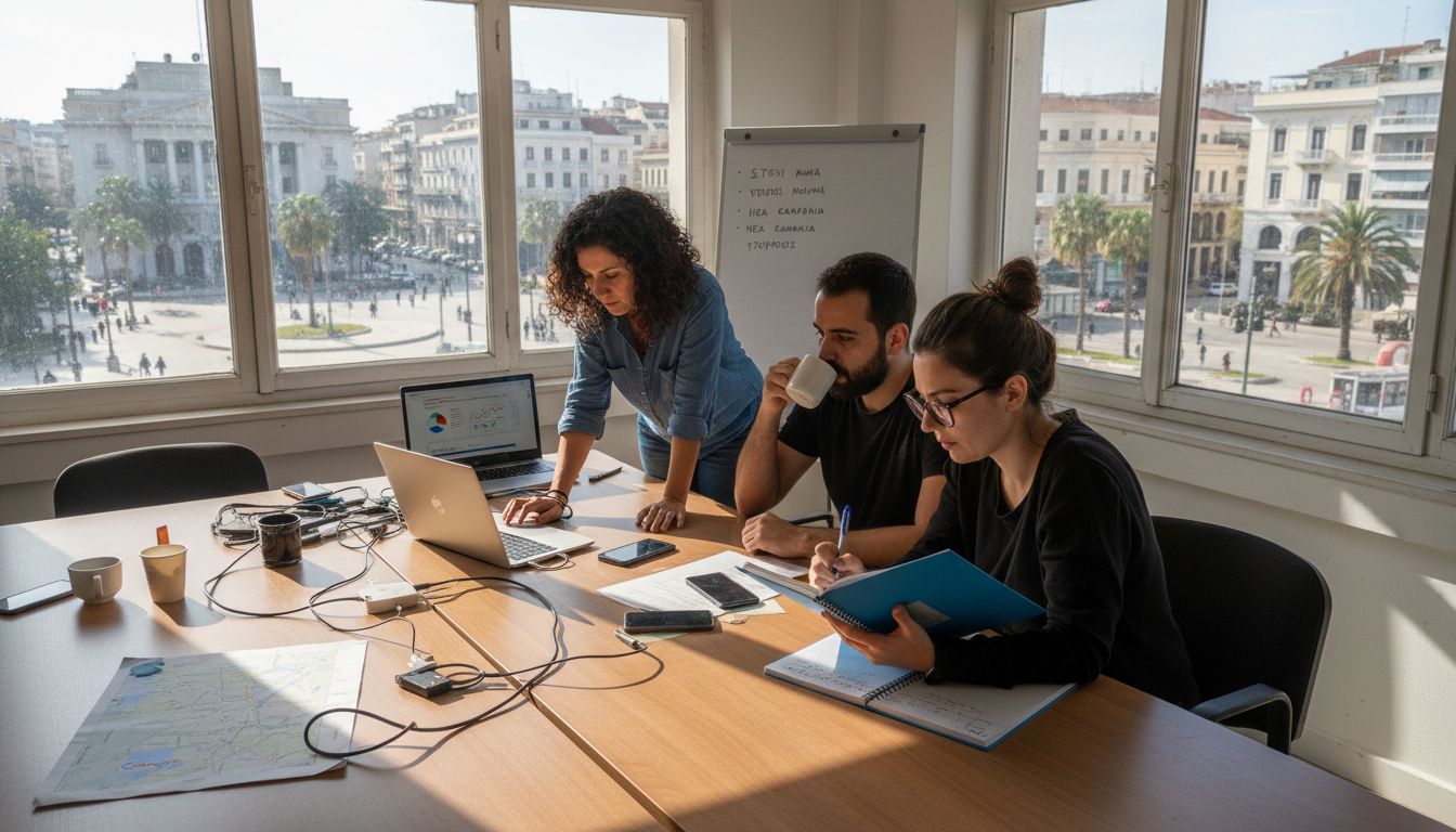 Η ομάδα SEO συνεργάζεται δυναμικά στα γραφεία της στην Τρίπολη, ανταλλάσσοντας ιδέες και δουλεύοντας πάνω σε νέες στρατηγικές για την προώθηση των έργων της.