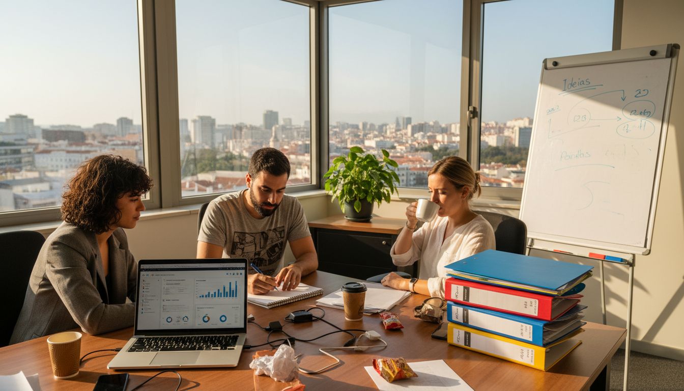 A equipa de marketing digital reuniu-se no escritório de Campo Grande, aproveitando o sol que se fazia sentir.