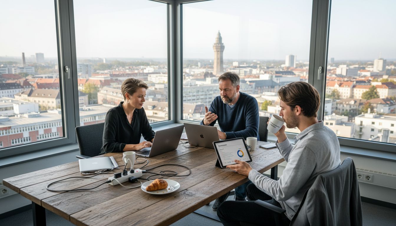 Das Marketing-Team trifft sich zur Besprechung im Eckbüro in Mannheim.