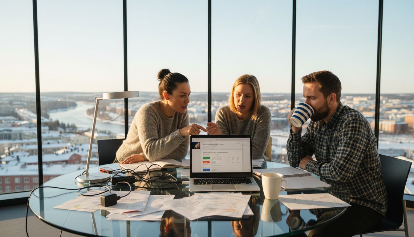 Ett team samlat runt ett runt bord på byråkontoret i Luleå.