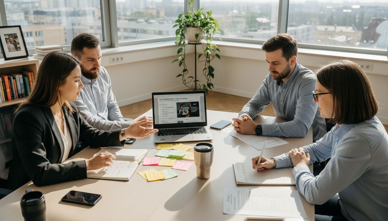 Zespół marketingowy w olsztyńskim biurze omawia nową strategię działania.