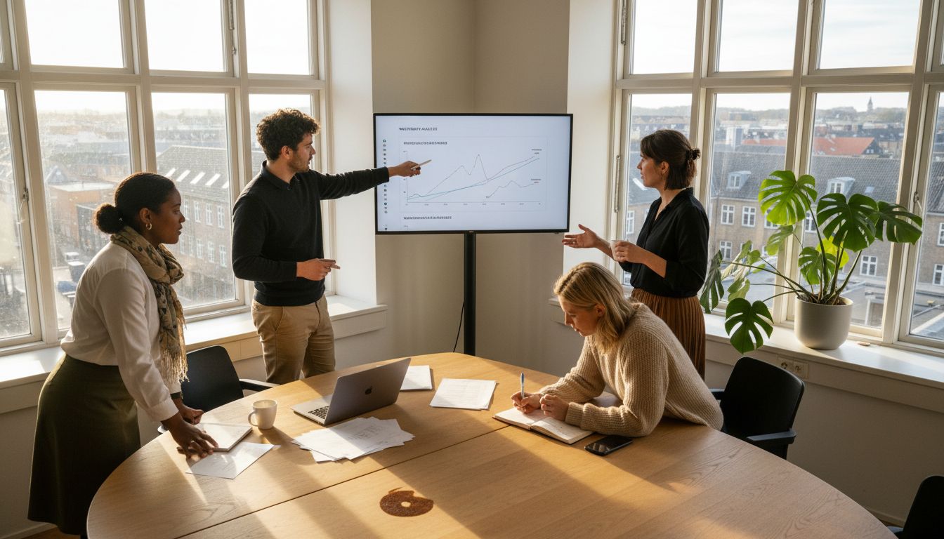 Det digitale marketingteam arbejder tæt sammen i et lyst og indbydende kontormiljø med sollys, der strømmer ind ad vinduerne.