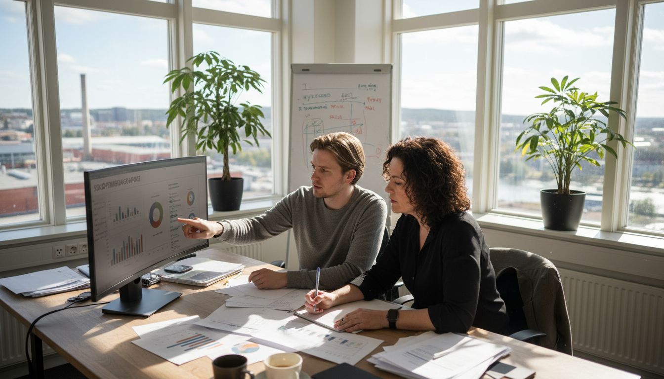 Ett team går igenom SEO-rapporter tillsammans i ett ljust och modernt kontor.