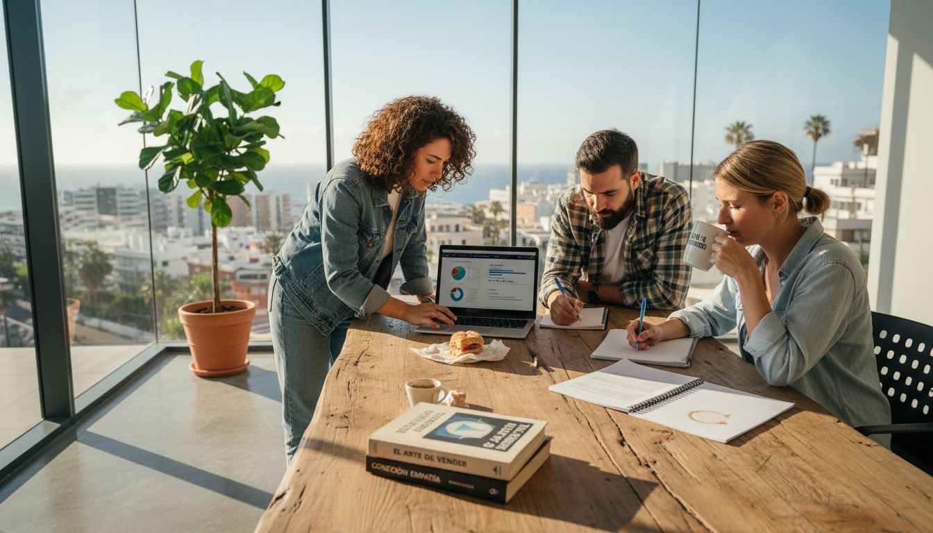 El equipo de marketing trabajando en conjunto en una oficina luminosa en Telde.