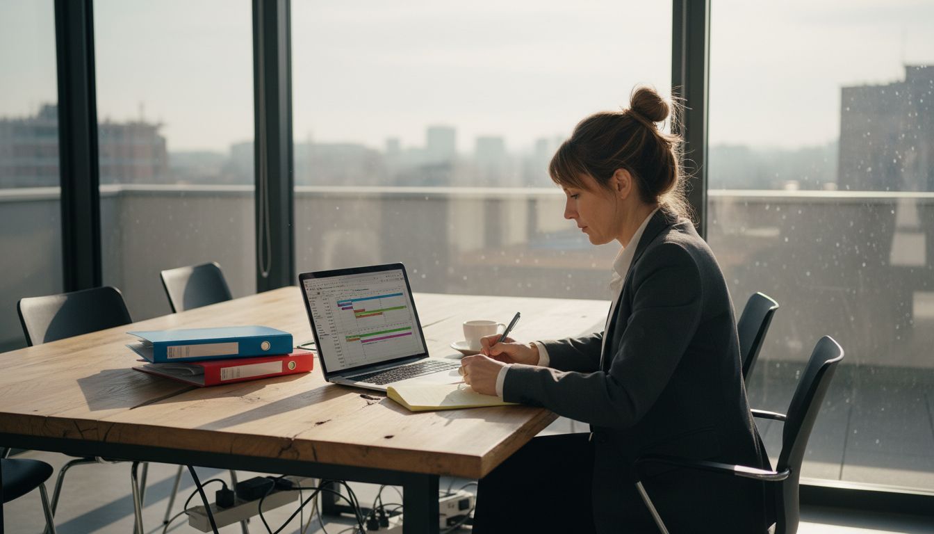 Organizzazione di eventi: il planner al lavoro nella sala riunioni per coordinare ogni dettaglio del progetto.