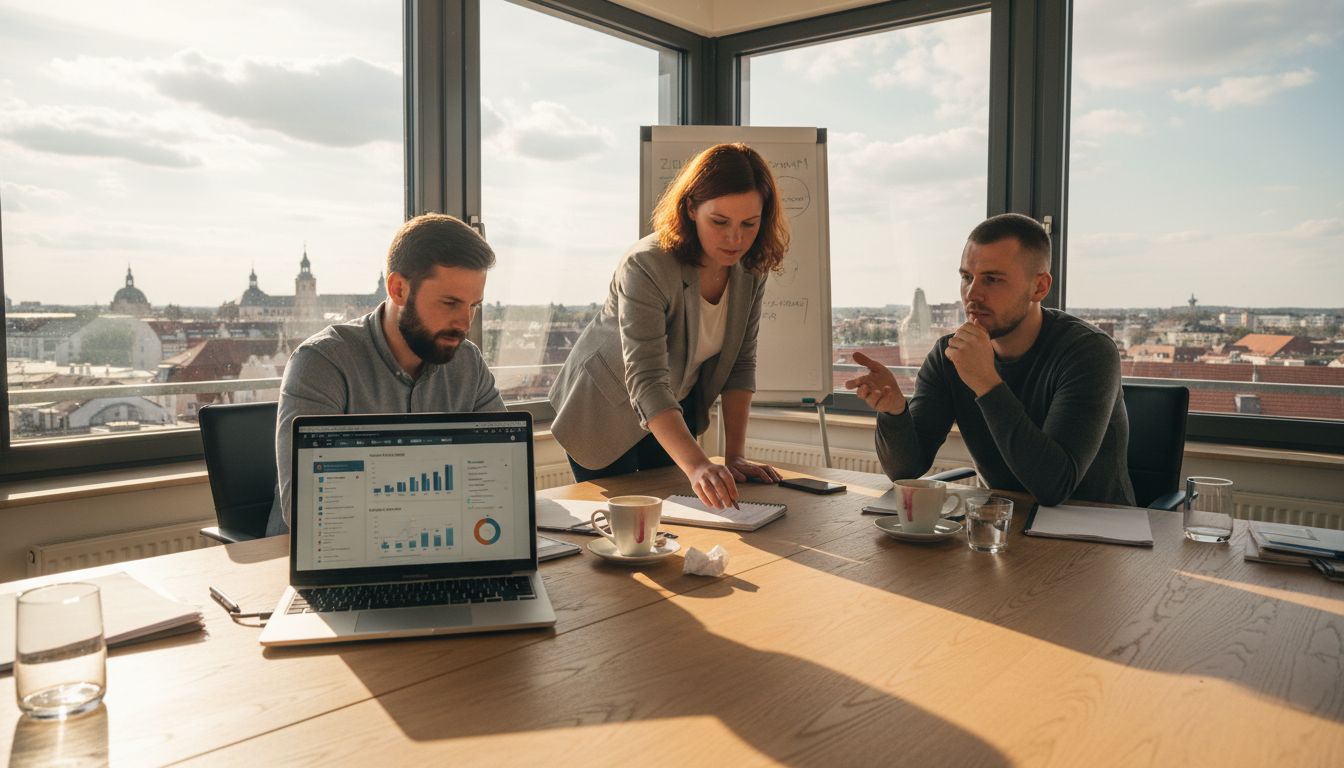 Ein engagiertes SEO-Team arbeitet in einem Eckbüro mit beeindruckendem Blick über die Karlsruher Skyline.