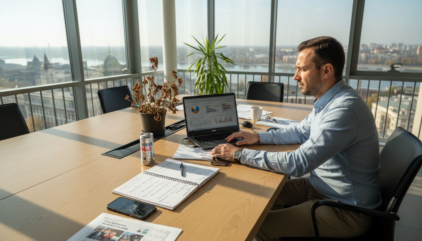 Un specialist SEO lucrează concentrat la laptop, într-un birou luminos aflat într-un colț liniștit al clădirii.