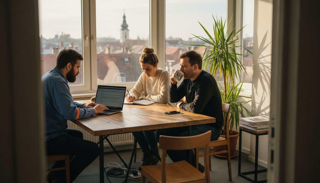 Az SEO ügynökség csapata éppen egy megbeszélést tart a sarokirodában.