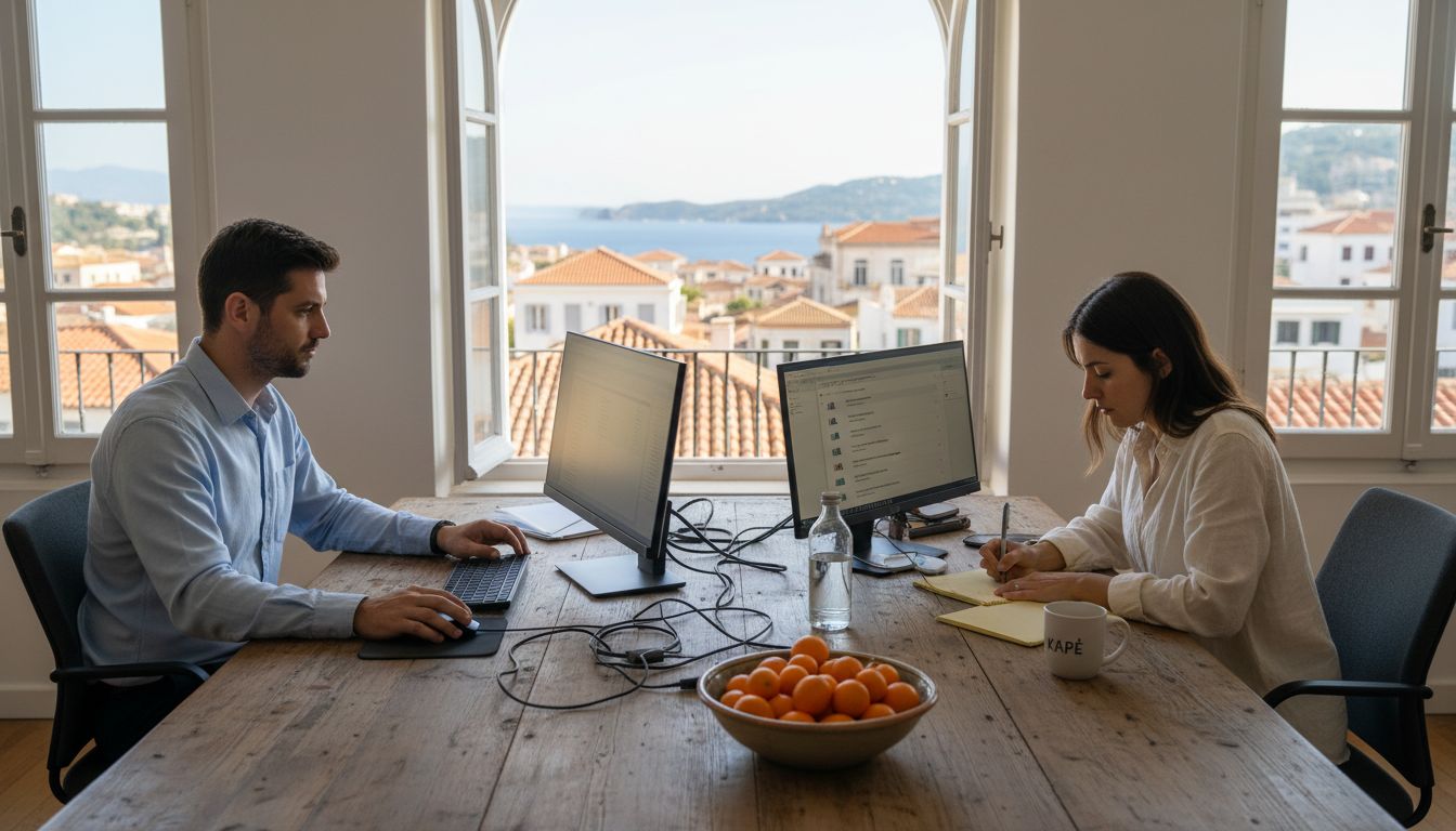 Μια δυνατή ομάδα δουλεύει με πάθος σε ένα γραφείο digital marketing, απολαμβάνοντας τη μοναδική θέα στην πόλη της Κέρκυρας.