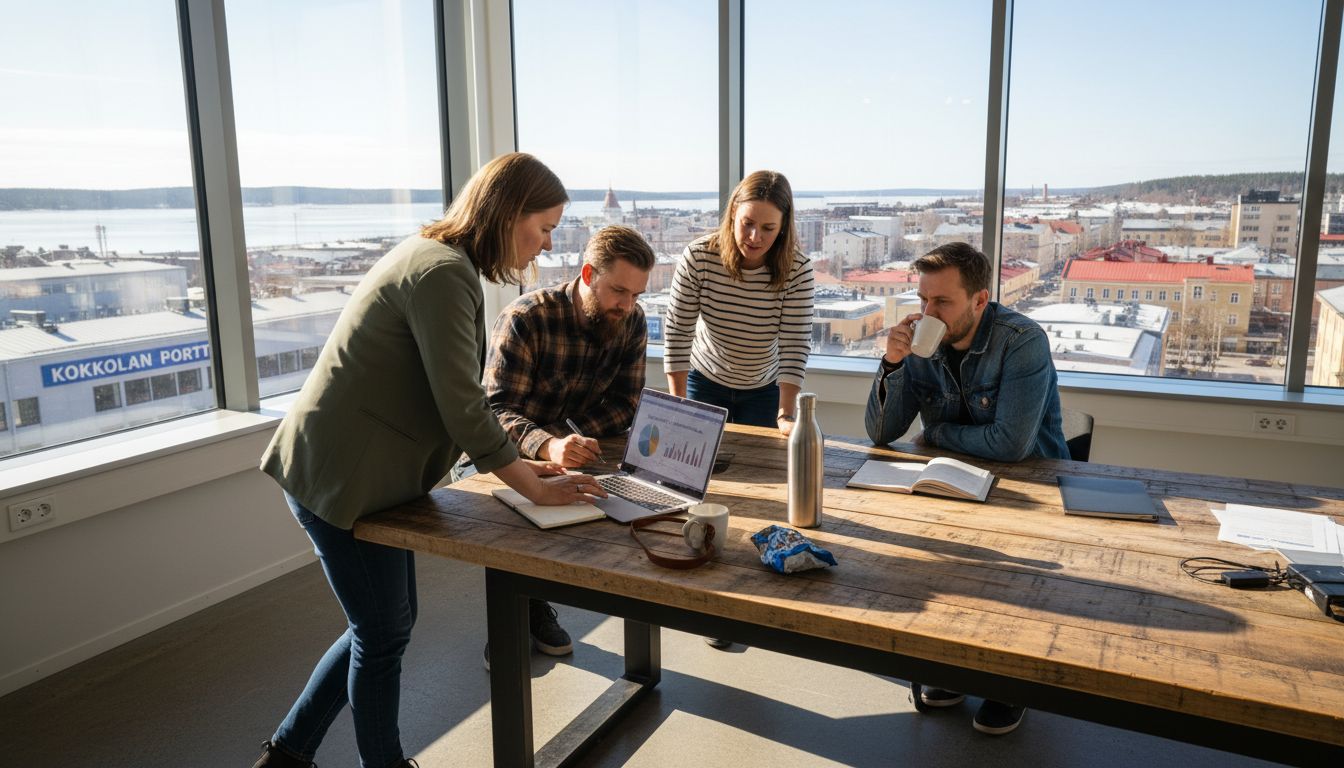 Markkinointitiimi työskentelee kulmahuoneessa, josta avautuu näkymä Kokkolan ylle.