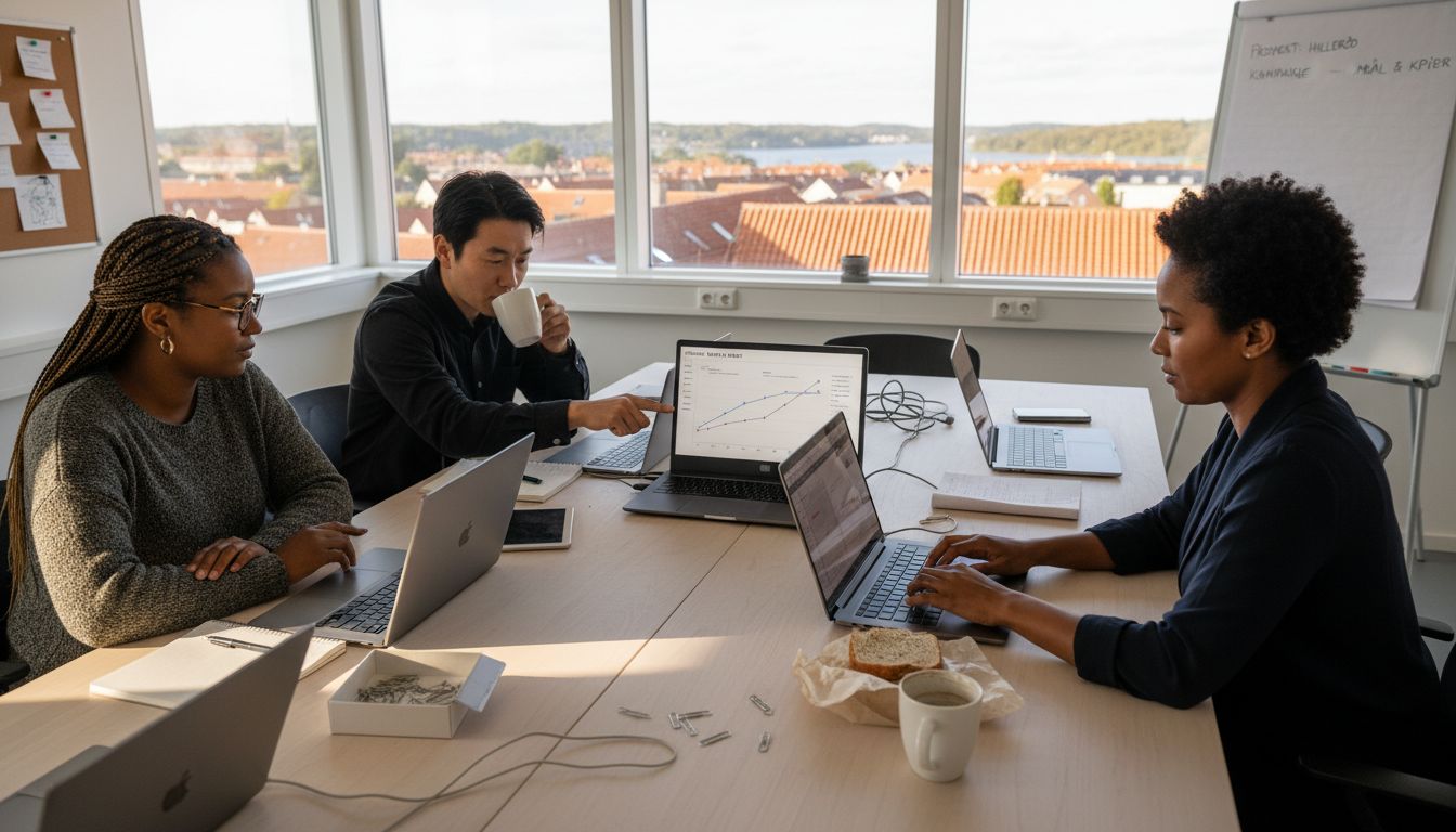 Et hold fra et digitalt marketingbureau arbejder tæt sammen på kontoret for at udvikle nye idéer og løsninger.