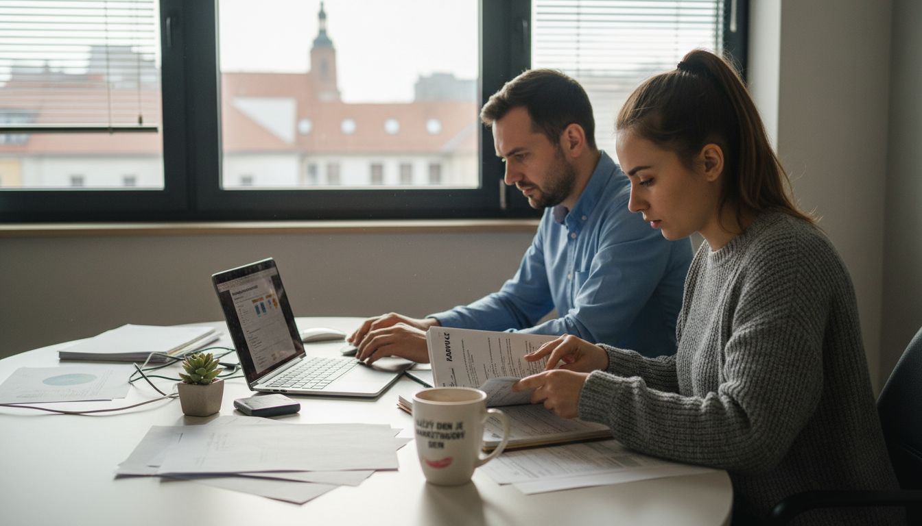 Dva marketéři sedí u přeplněného stolu v agentuře v Chomutově a probírají nové kampaně.