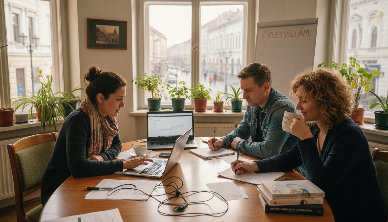 A marketingcsapat egy napfényes irodasarokban ötletel közösen.
