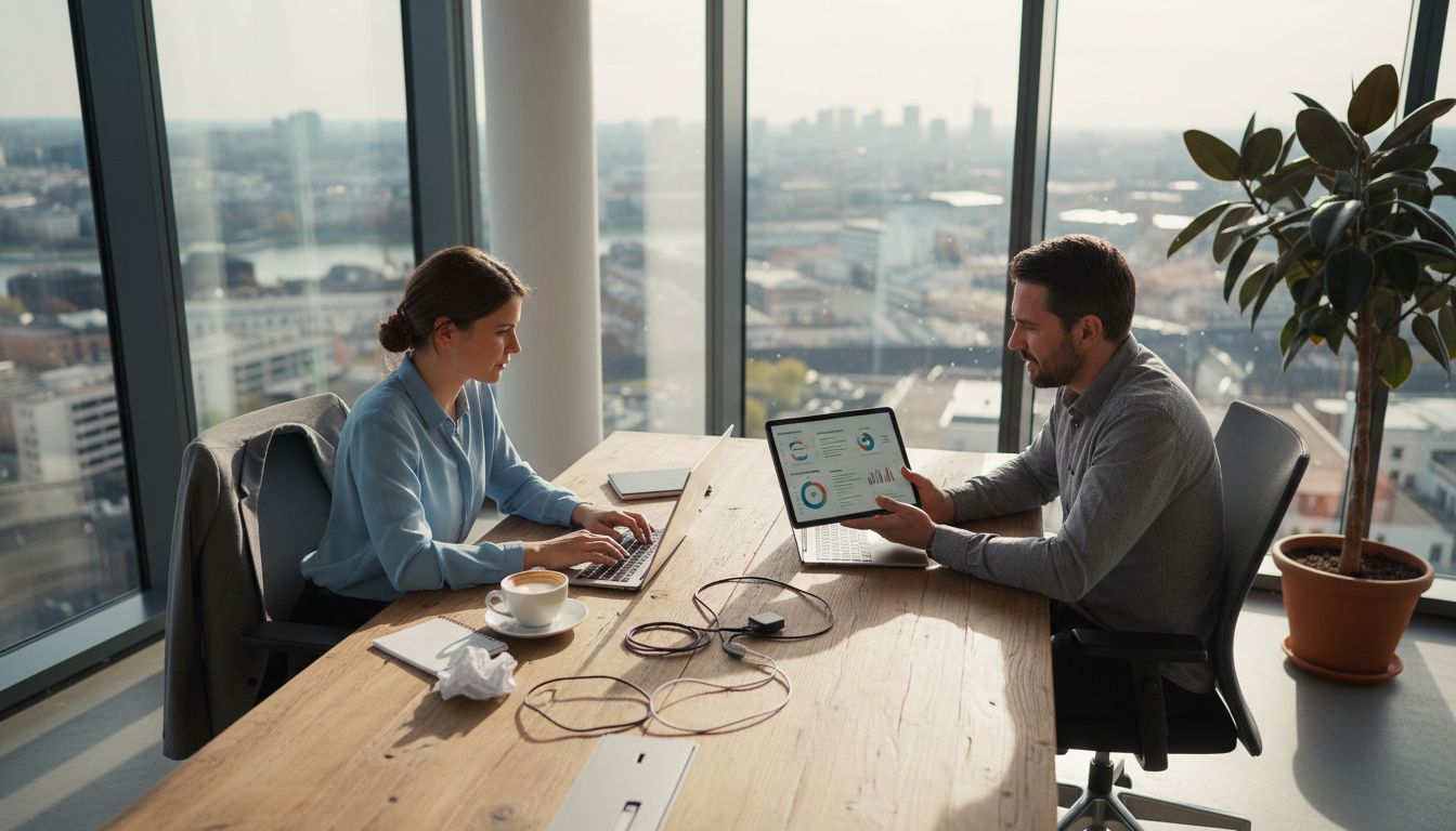 Marketing-Teams arbeiten gemeinsam an einem großen Tisch im modernen Büro mitten in der Stadt.