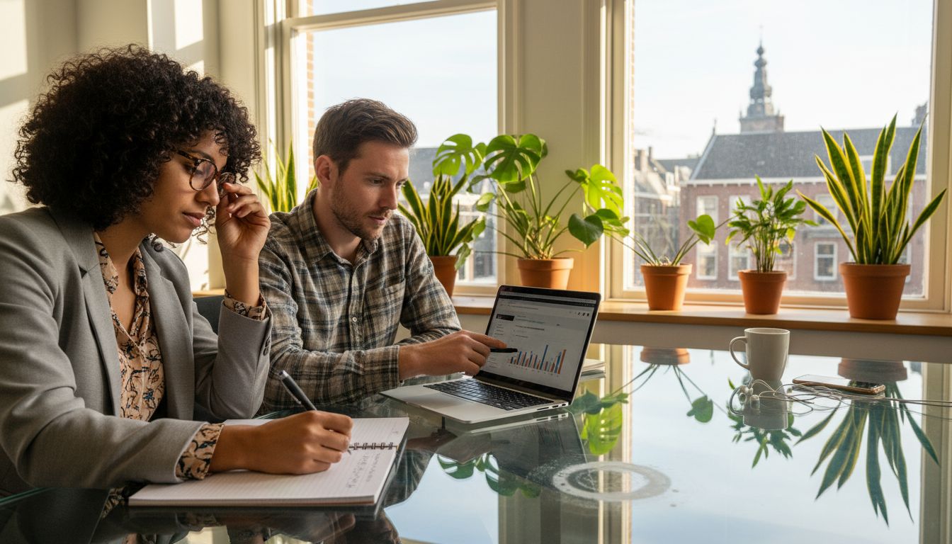 SEO-specialisten buigen zich samen over nieuwe strategieën aan de vergadertafel op het kantoor in Leiden.