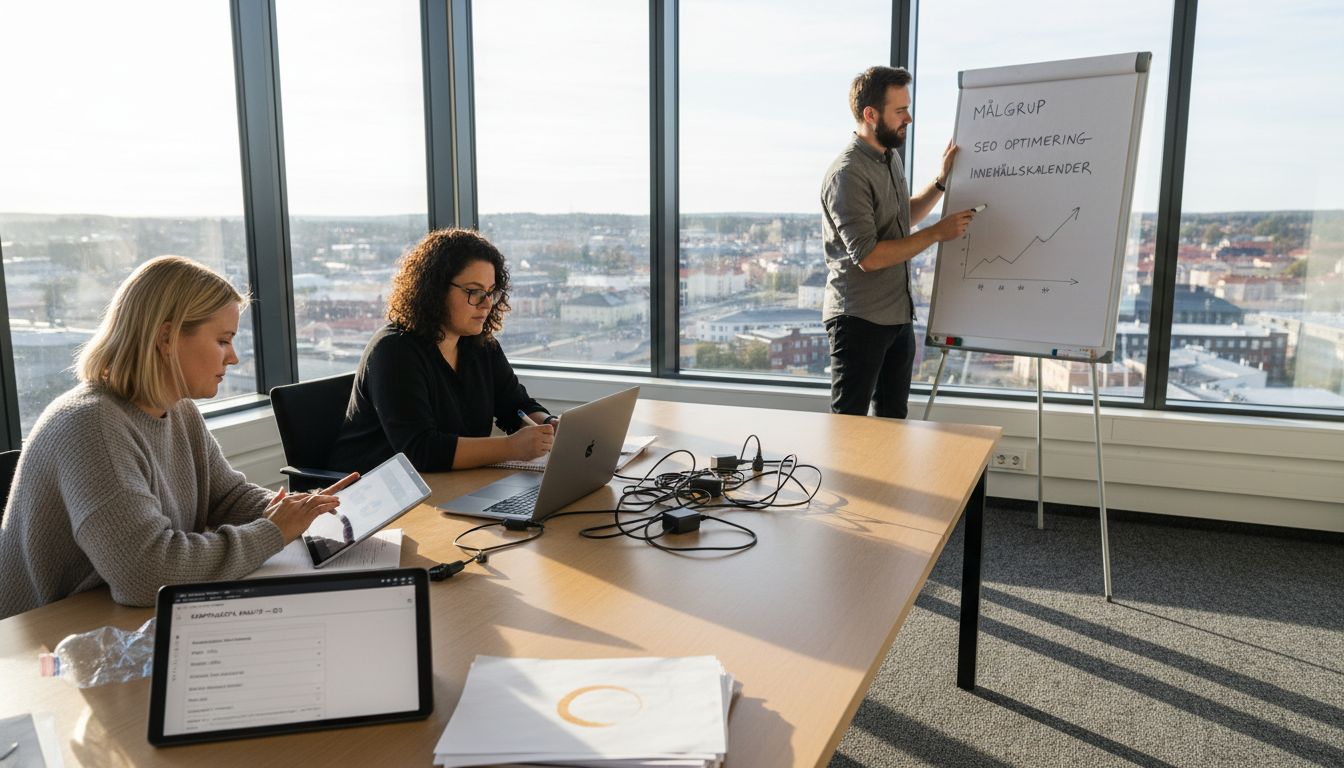 Marknadsteamet samlas för möte i hörnkontoret