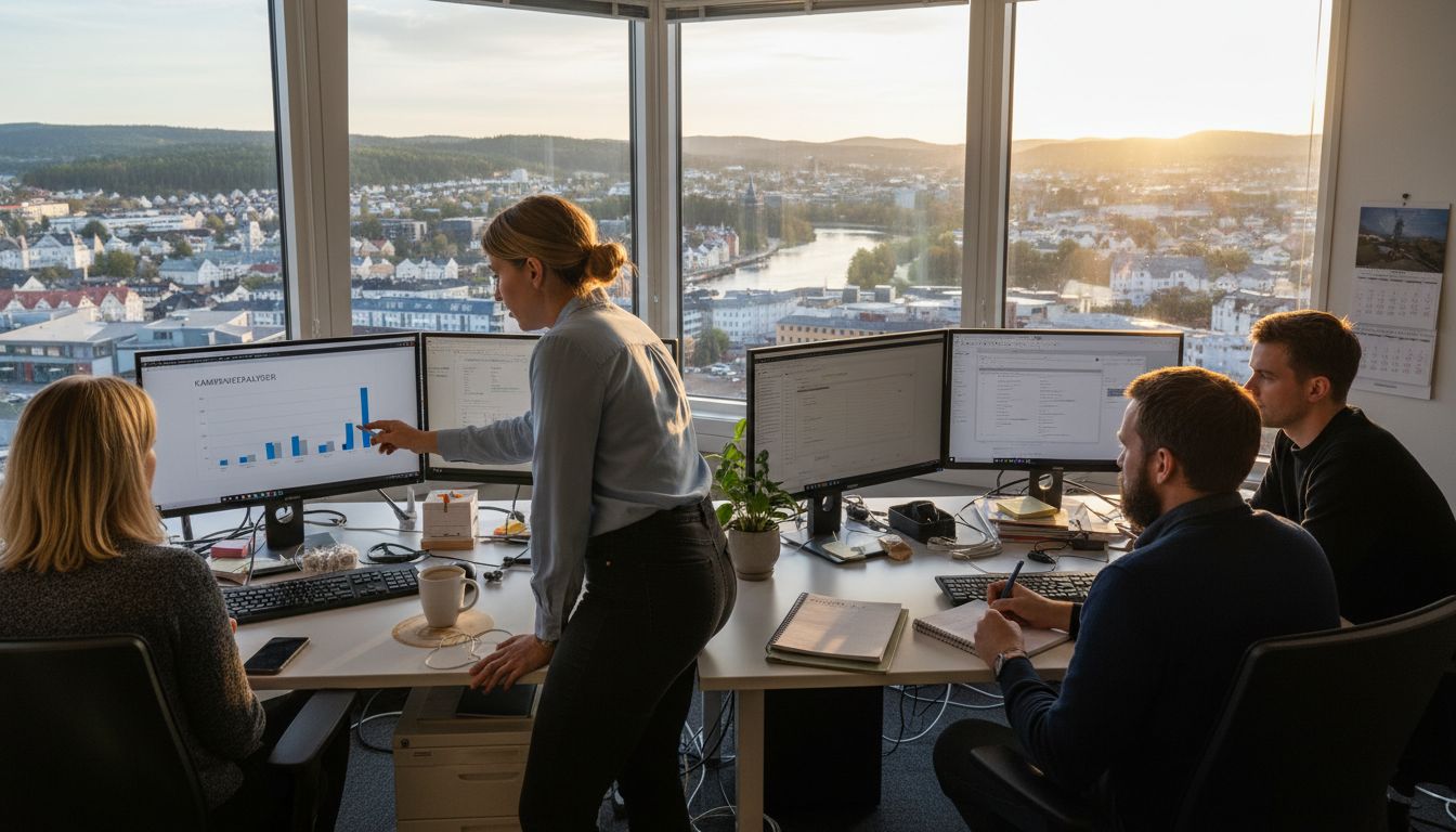 Markedsavdelingen sitter samlet på kontoret med utsikt over Kongsberg.