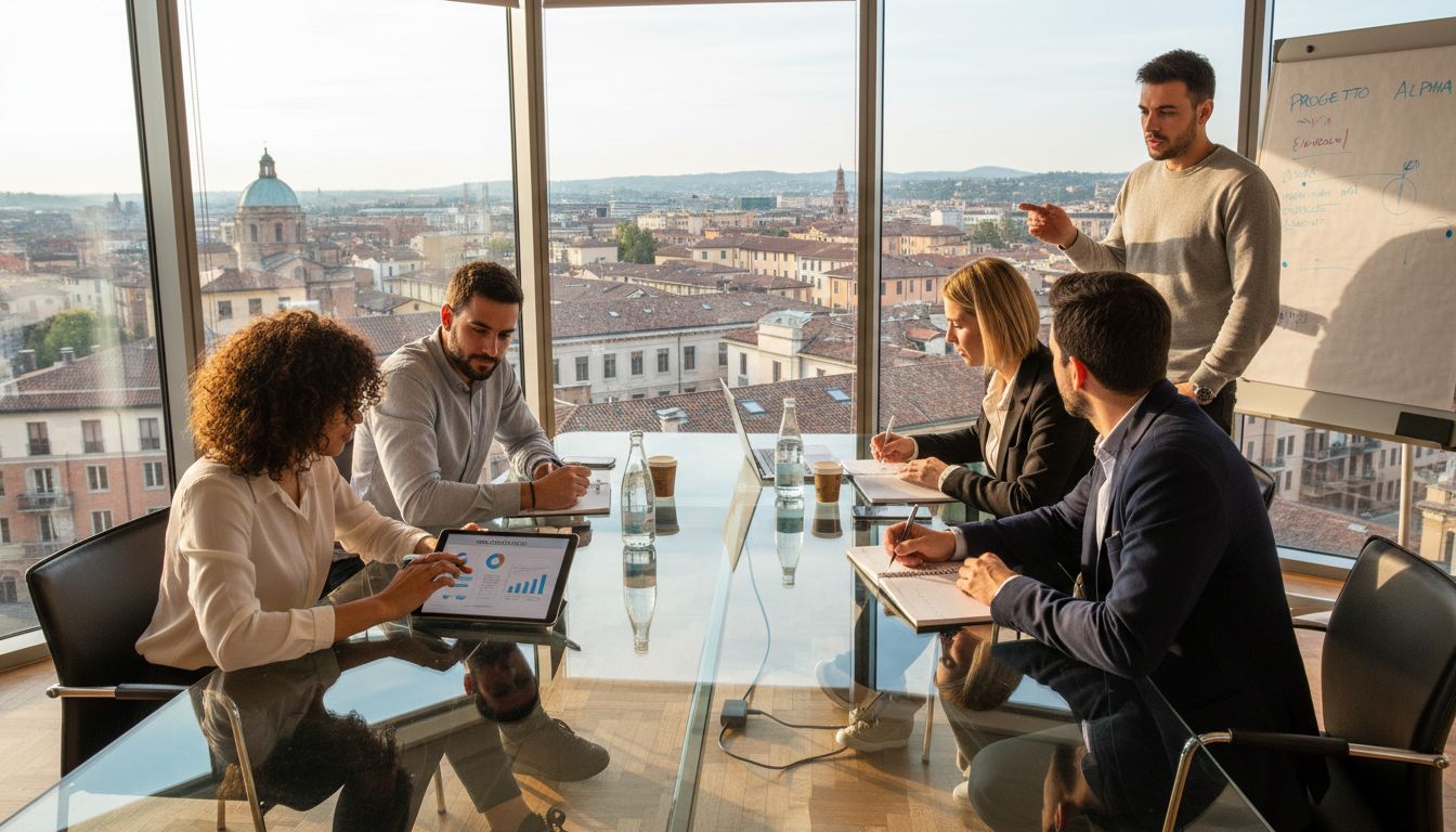 Lavoro di squadra e collaborazione tra i membri del team di marketing digitale nella sede di Reggio Emilia.