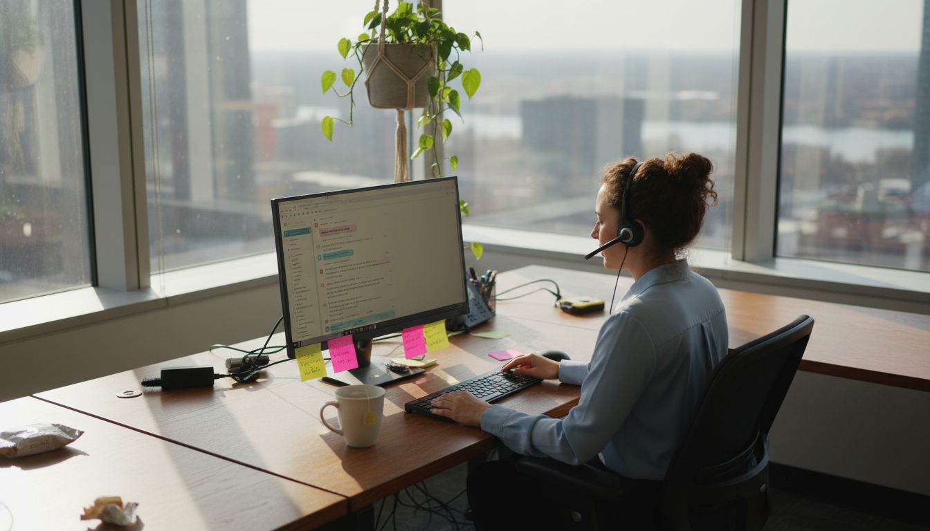 Customer support agent at desk using chatbot