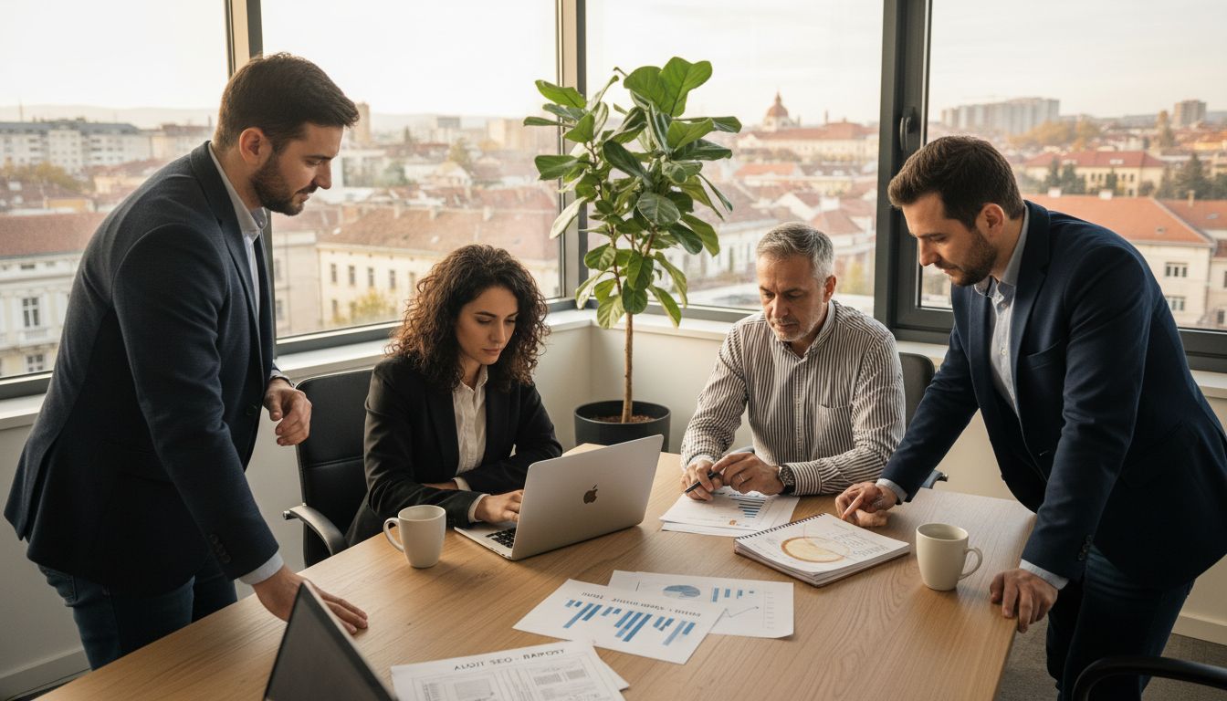 Ședință cu echipa de SEO la biroul din Suceava, toți strânși în jurul mesei pentru a discuta strategiile viitoare.