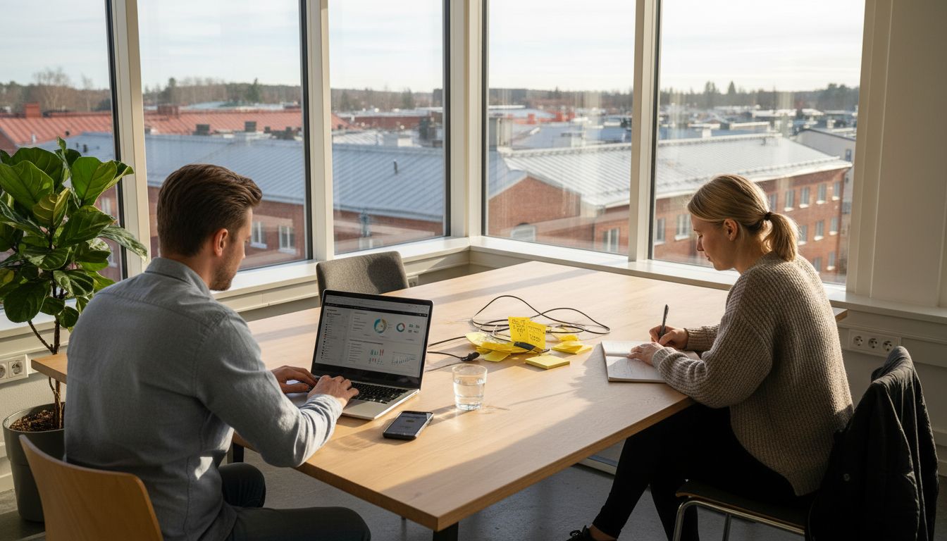 Aurinkoinen iltapäivä SEO-toimiston palavereissa Lohjan viihtyisällä toimistolla