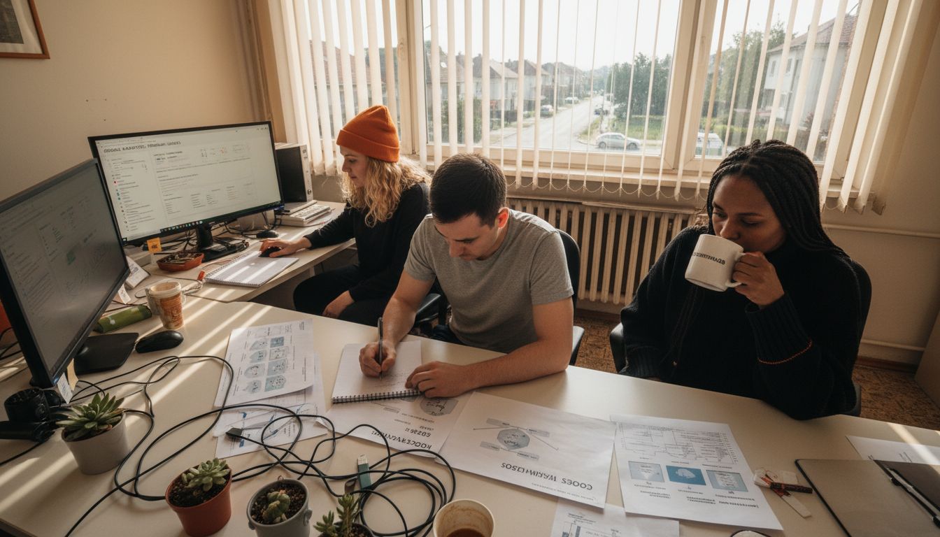 Digitális marketinggel foglalkozó szakemberek dolgoznak egy külvárosi SEO ügynökség irodájában.