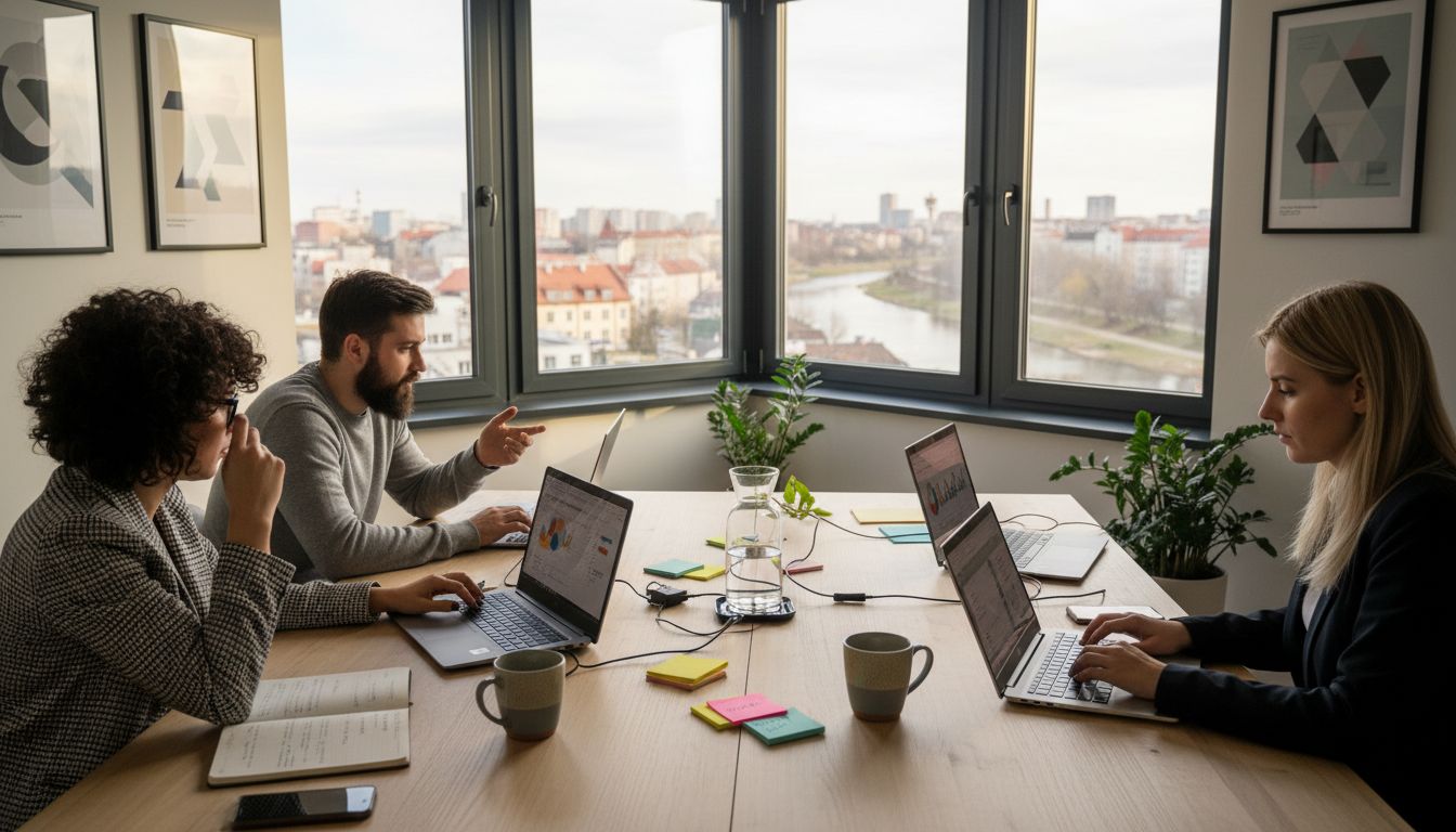 Zespół specjalistów od marketingu internetowego wspólnie pracuje nad nowymi projektami w biurze w Rzeszowie.