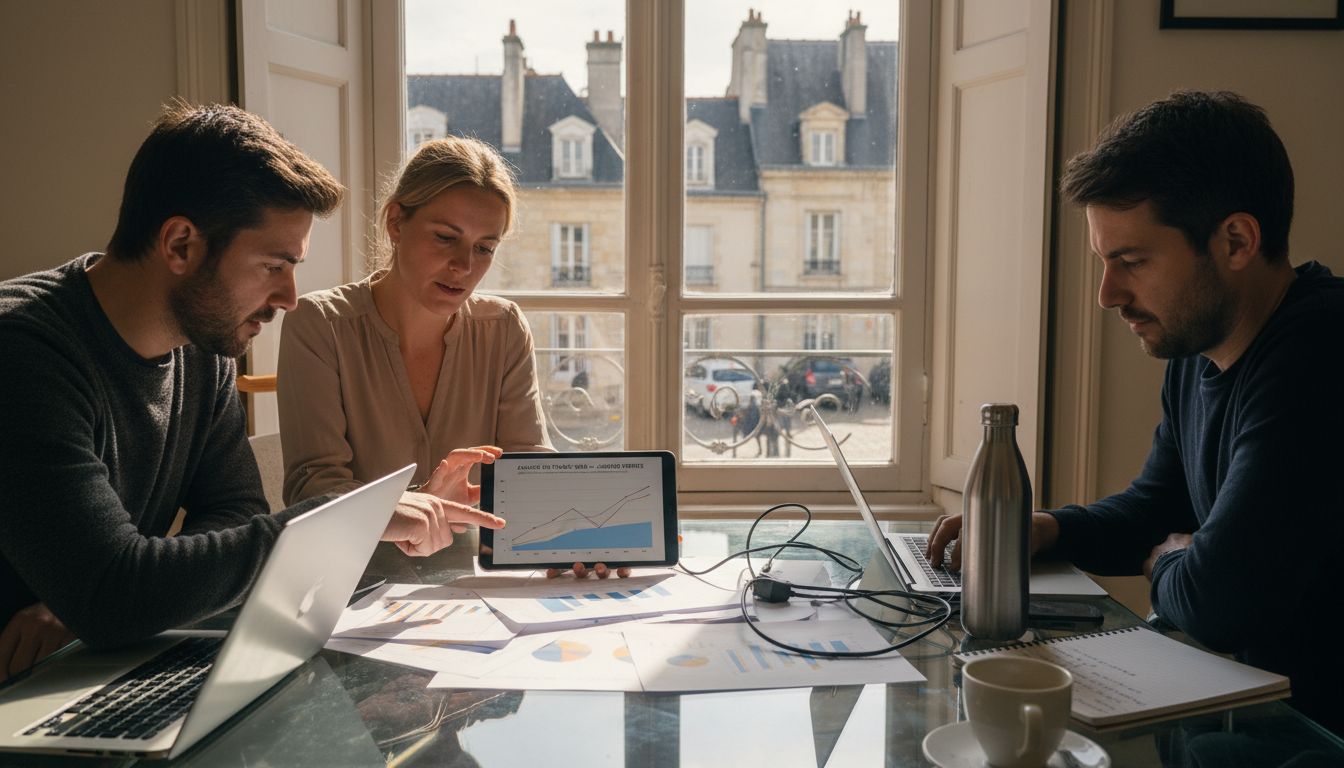 Une équipe échange autour des résultats d’analyse marketing digital dans une salle de réunion.