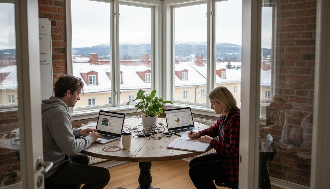Marknadsföringsteamet samarbetar på kontoret i Östersund