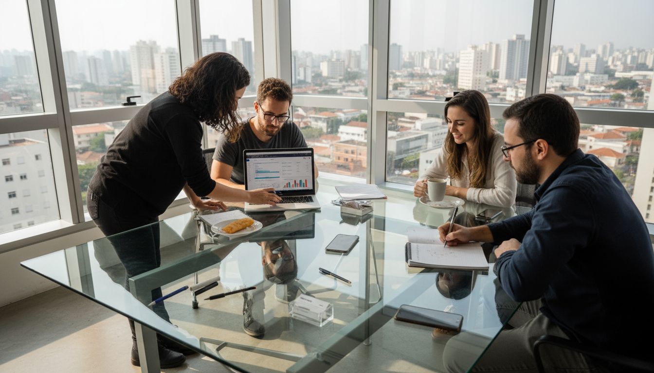 Equipa de marketing digital a trabalhar num escritório no centro da cidade