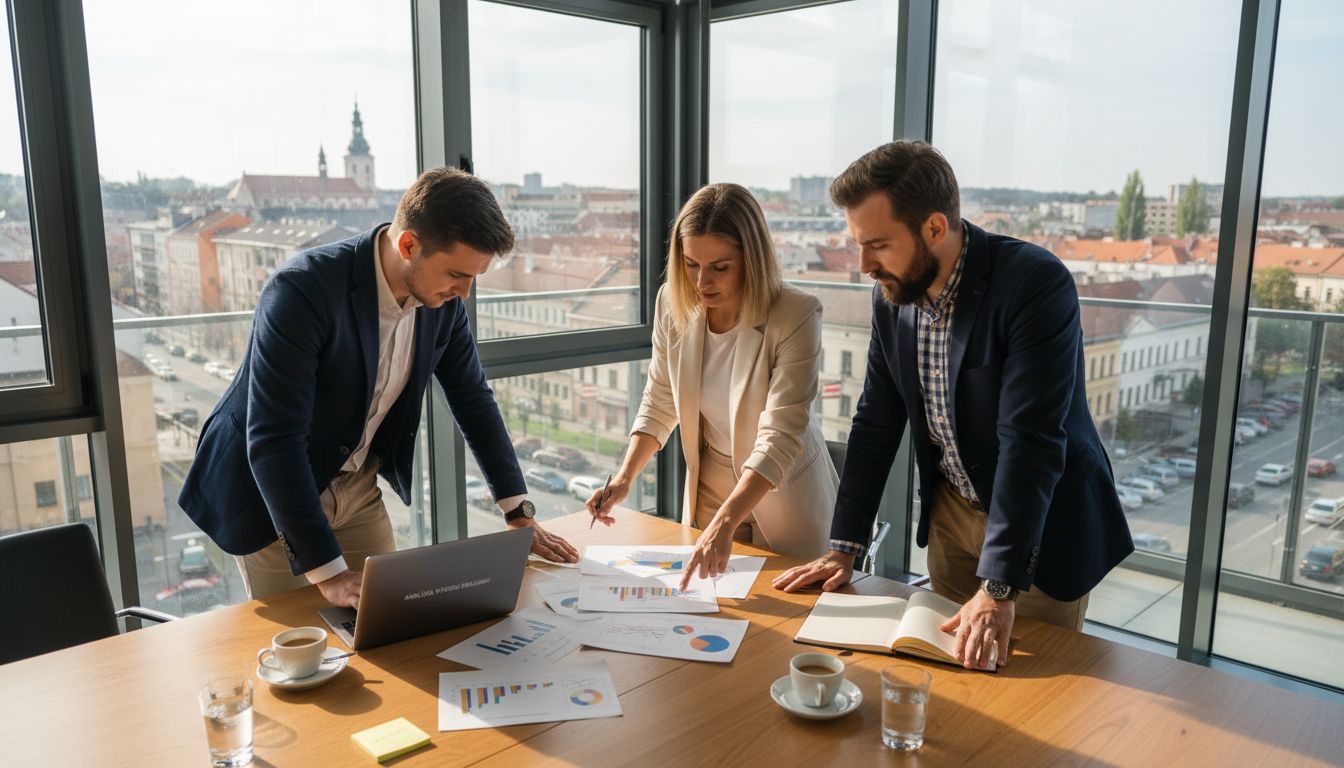 Marketingový tým společně pracuje v prosluněné kanceláři s krásným výhledem.