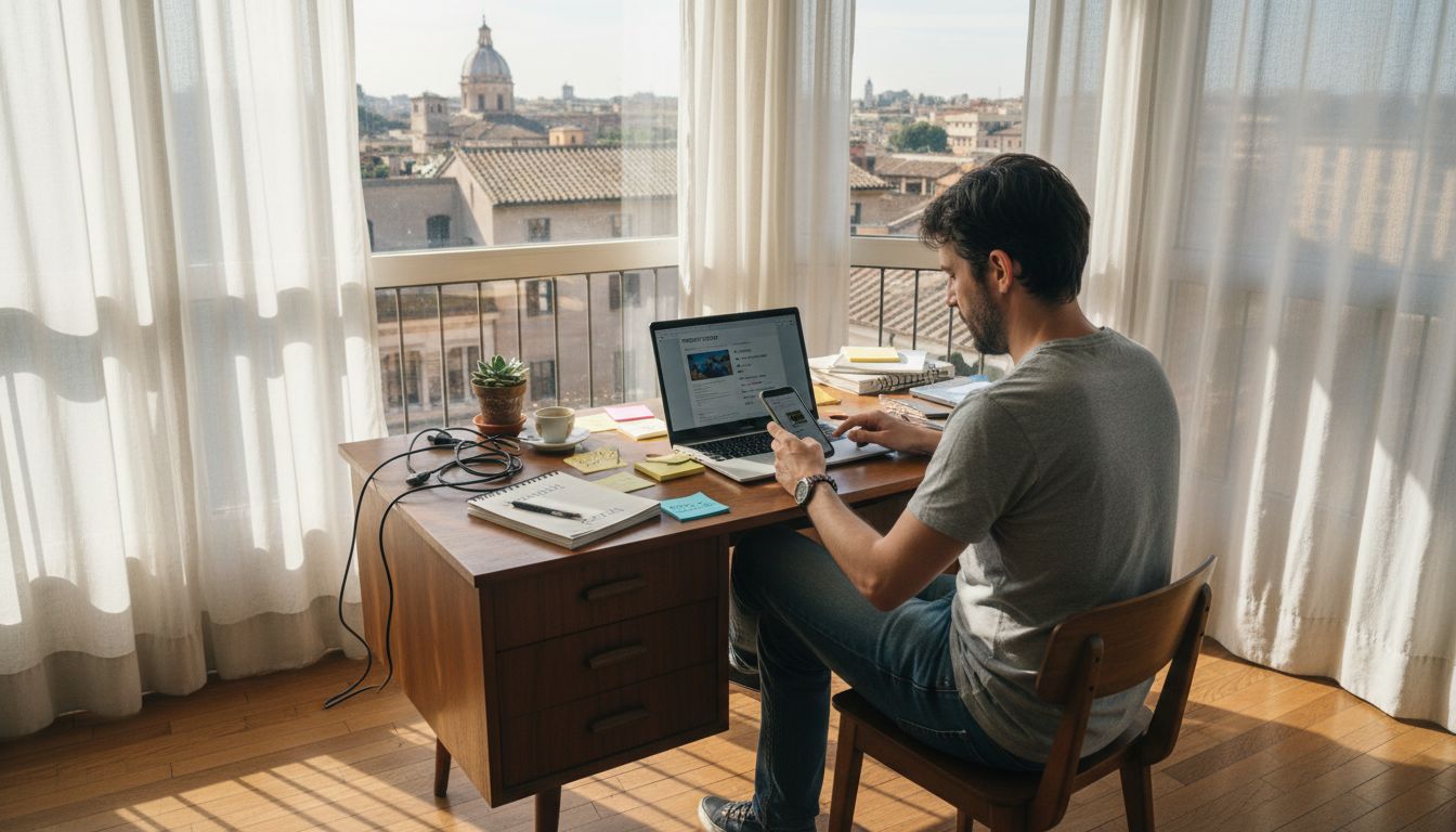 Un libero professionista gestisce campagne email seduto alla sua scrivania illuminata dalla luce naturale.