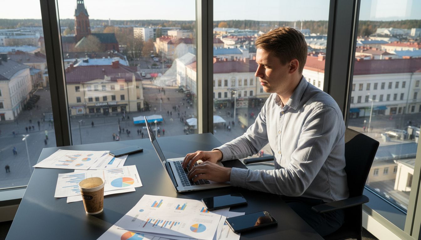Markkinoinnin ammattilainen työskentelee Lohjan toimistolla, josta avautuu näkymä kaupungin ylle.