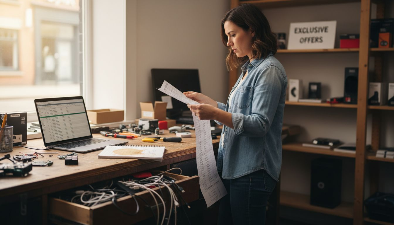 small business owner reviewing inventory list