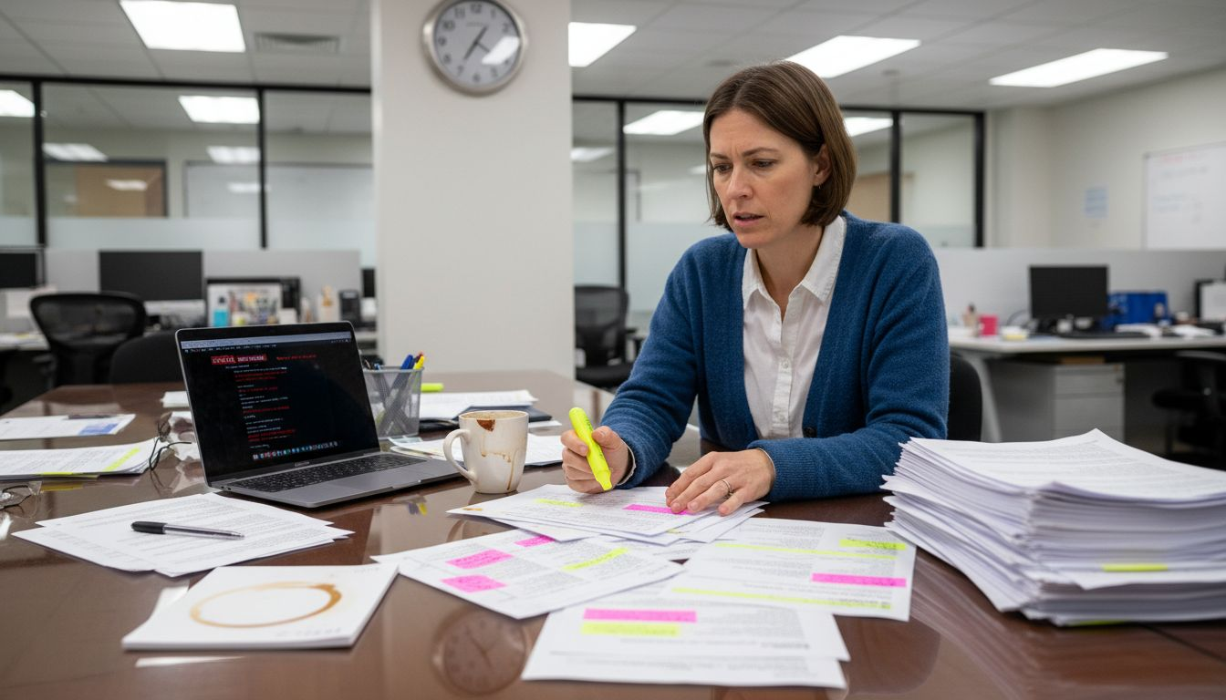 Content manager reviewing compliance documents