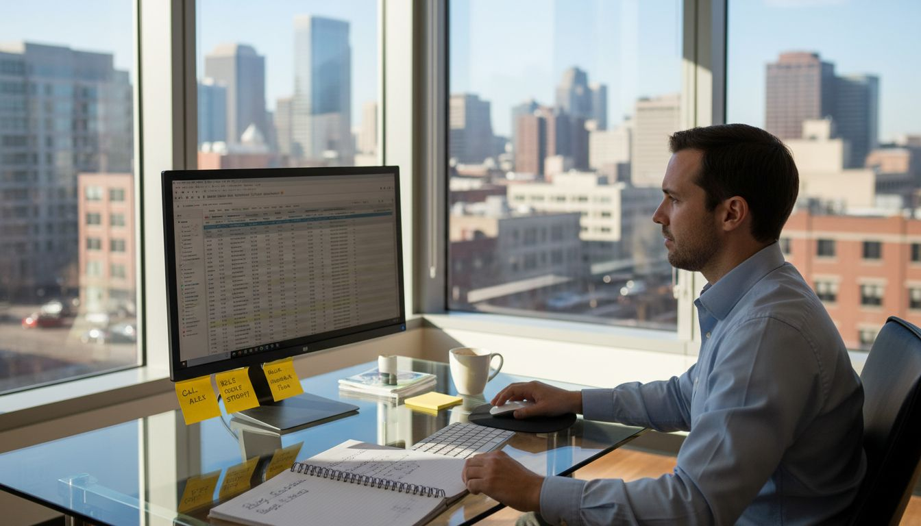SEO strategist reviewing spreadsheet at desk