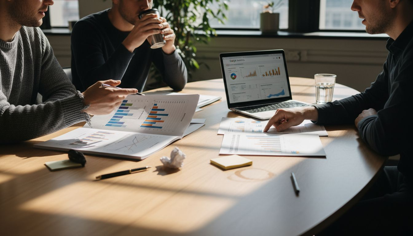 Marketers discussing content audit with charts