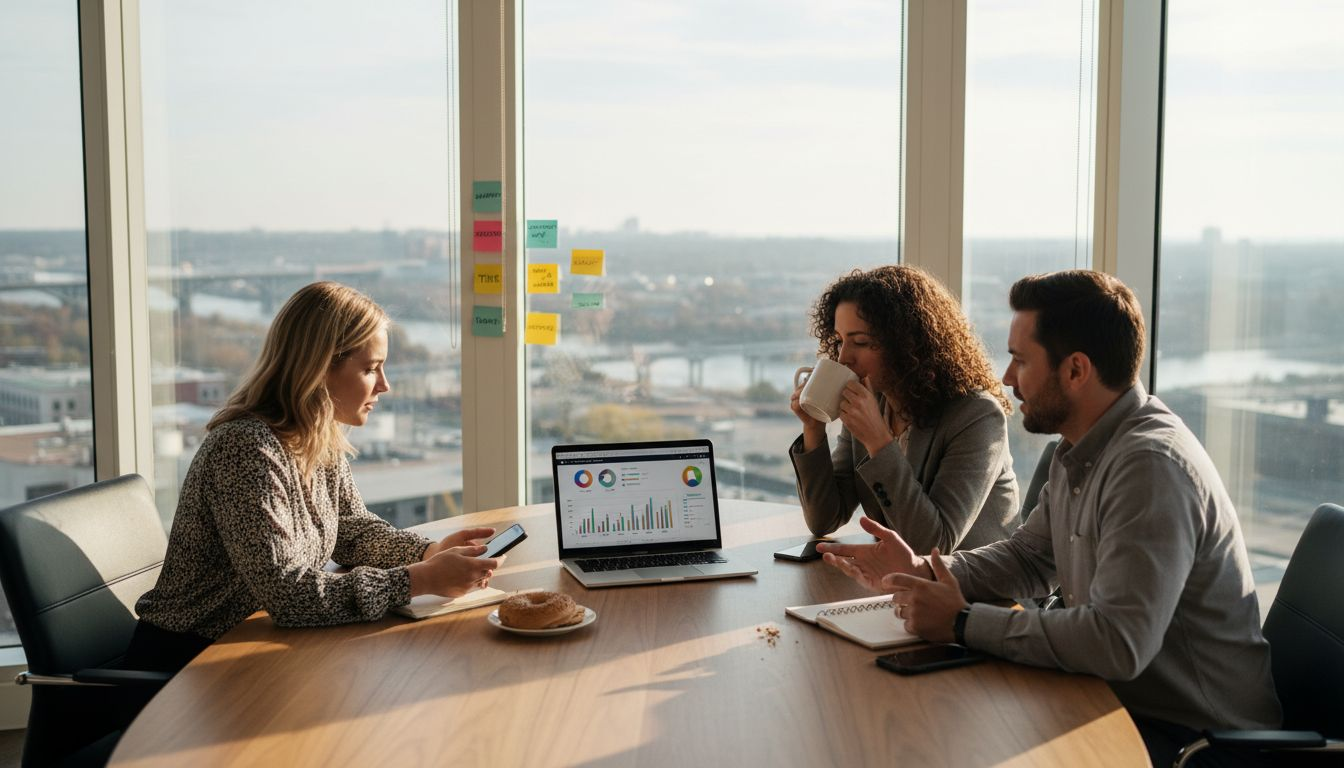 Team meeting discussing social media SEO