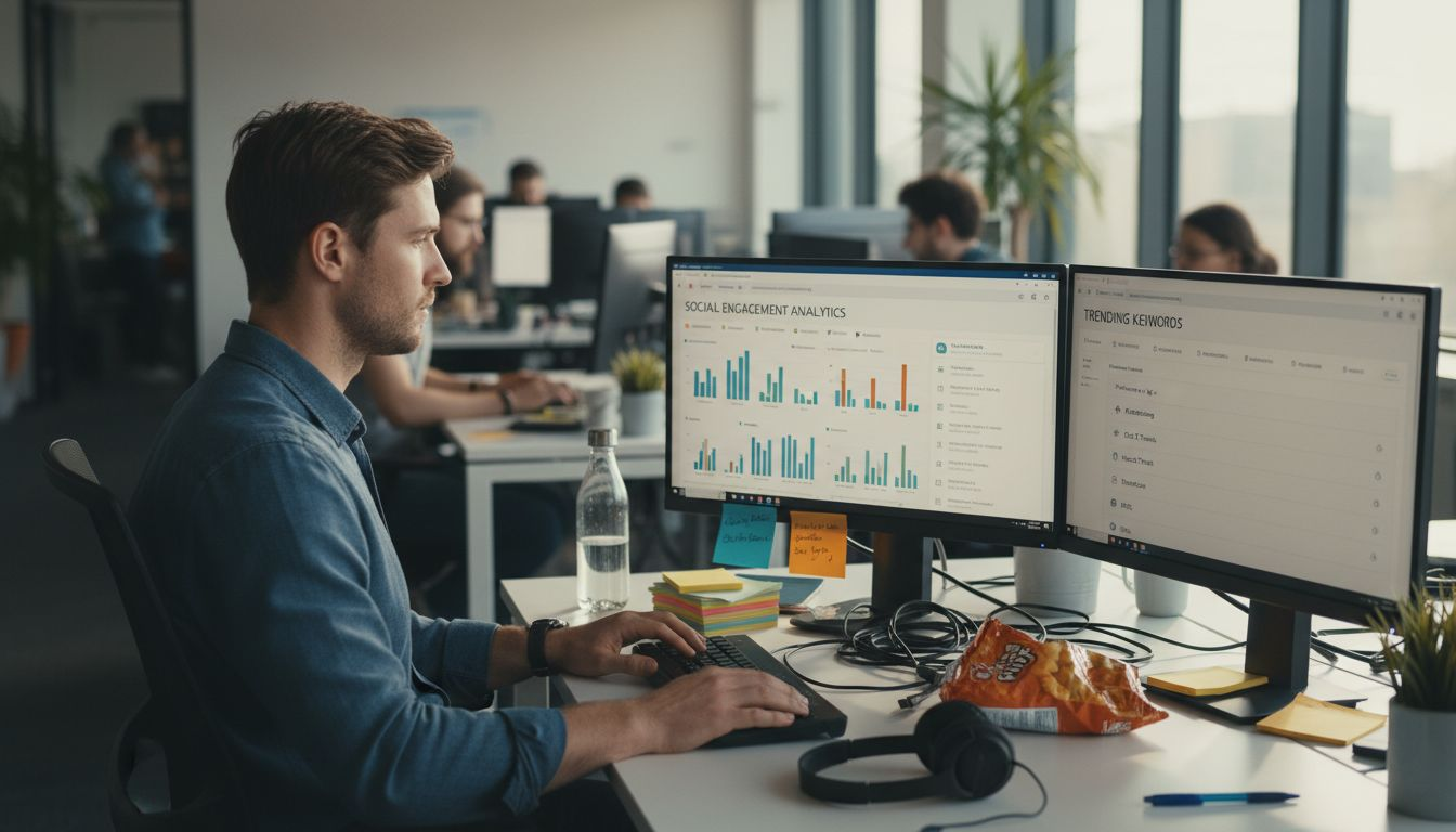 Marketer analyzing social engagement dashboard