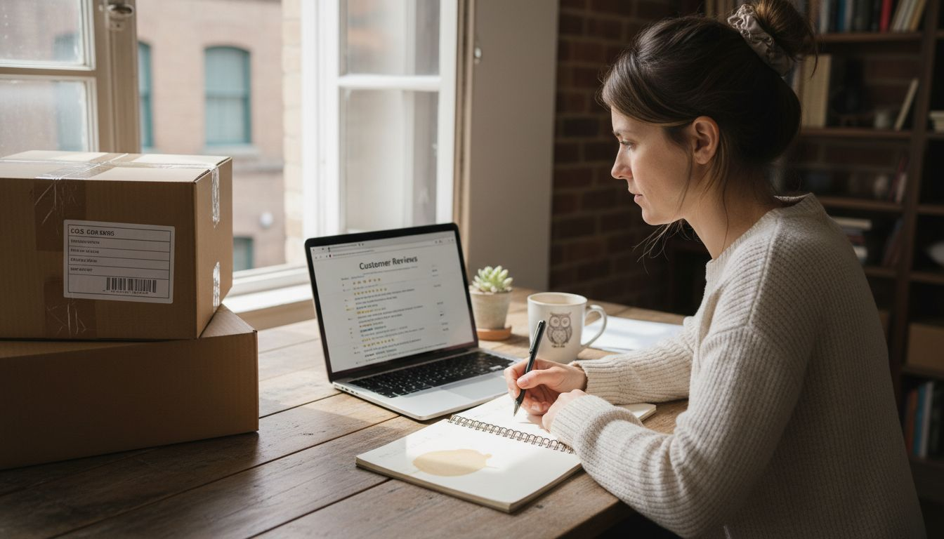 E-commerce owner checking online customer reviews