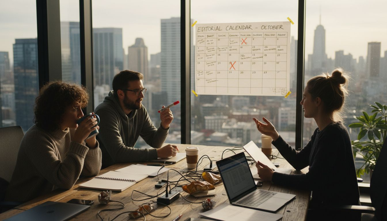 Team updating handwritten content publishing schedule