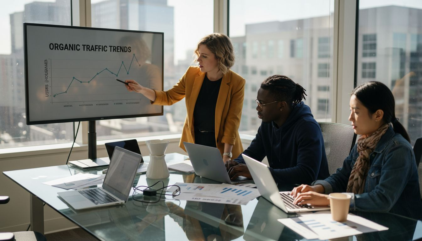 Team meeting on SEO analytics in office