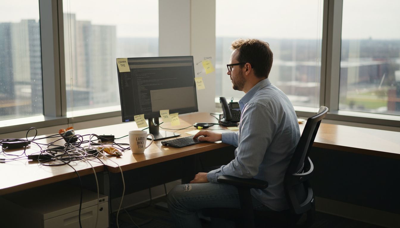 SEO specialist enters schema markup at desk