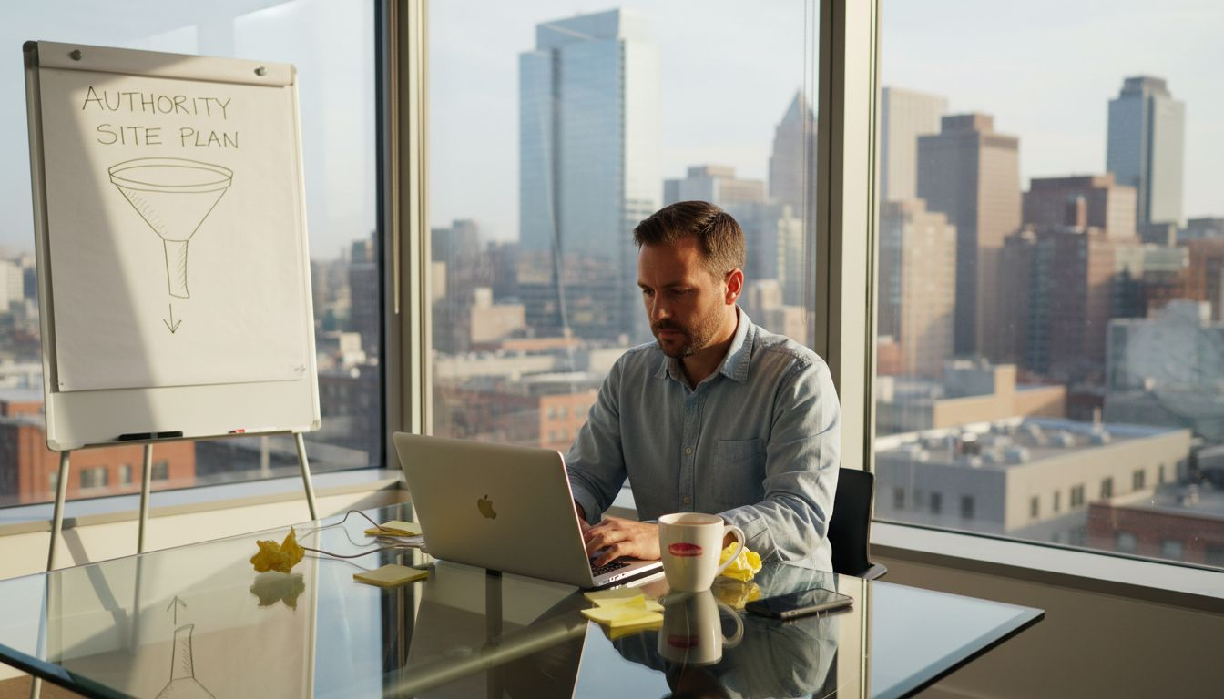 Founder creating website strategy in city office