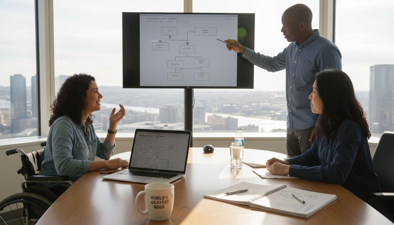 Diverse team meeting in office, discussing accessibility