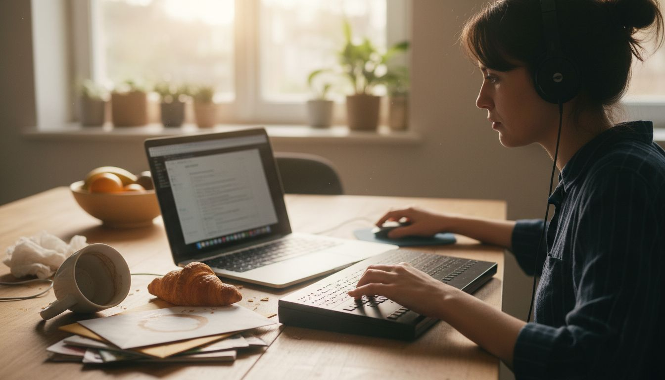 Blind woman using screen reader at home